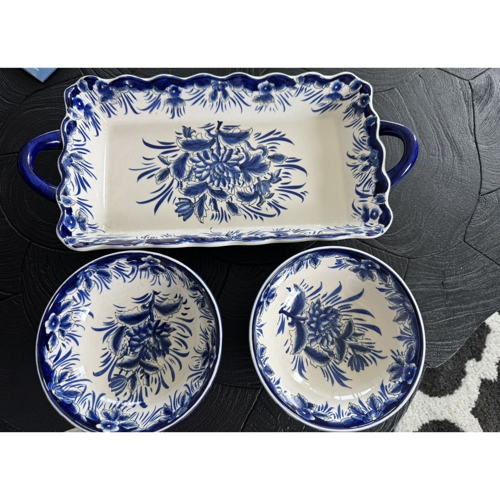 Godinger & Co. Italian Cobalt Blue & Terracotta Hand Painted Set of 3